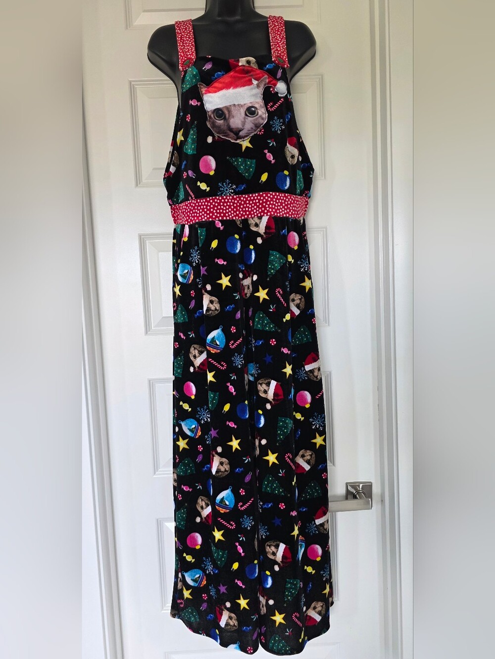 Eyeshadow Black Holiday Cat Jumpsuit with Red Waistband